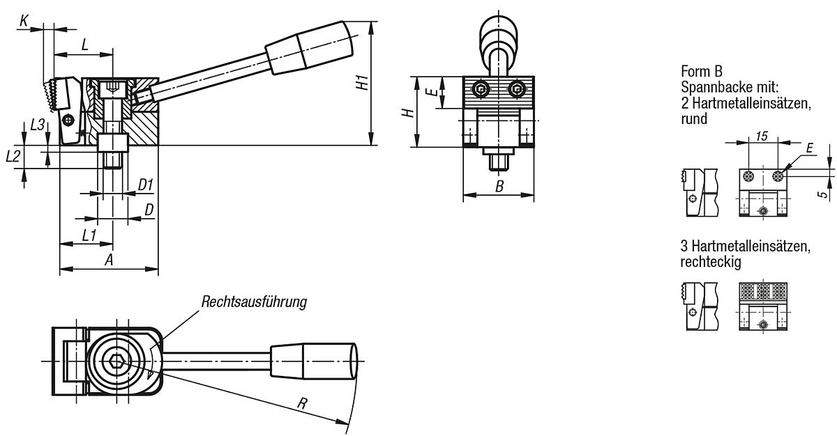 Norelem 04518-006010 NIEDERZUGSPANNER FORM B, RECHTSAUSFÜHRUNG - NLM 04518-B Niederzugspanner Form B - Massblatt