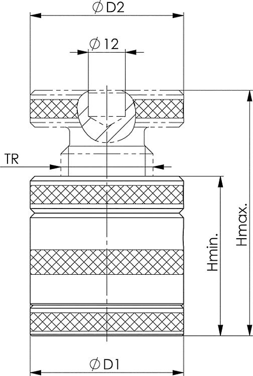AMF 6400M- 62 Schraubbock mit flacher Auflage und Magnetfuß, Größe : 62, H min.: 52, H max.: 62, F max.: 100 kN - LE 6400M 62 Schraubbock mit flacherAuflageundMagnetfuss-Skizze