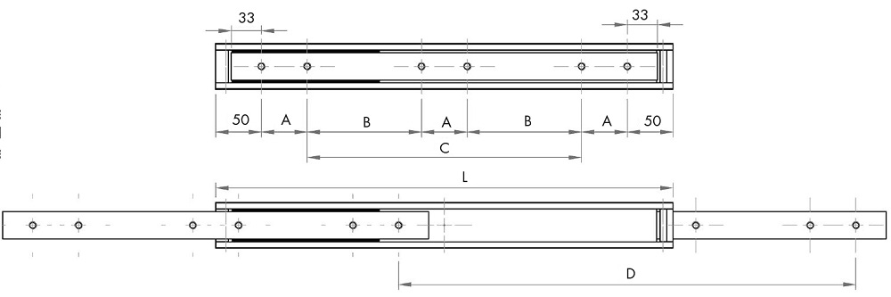 Leschhorn HPTVD 5030-0550-GG-ST Hochpräzise Schwerlast-Teleskopschienen, T-Profil 50x30, Vollauszug, Zweiwege, mit Durchlaufsperre, A= 550, GG: Gewinde M8/Gewinde M8, Lastwert 410kg, Stahl verzinkt - LE HPD5030-Bemassung