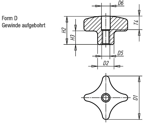 Kipp K0146.4032062 KREUZGRIFF                    EDELSTAHL, FORM D, D1=32, D5=M - KIPP K0146-D Kreuzgriffe aehnlich DIN 6335 Edelstah
