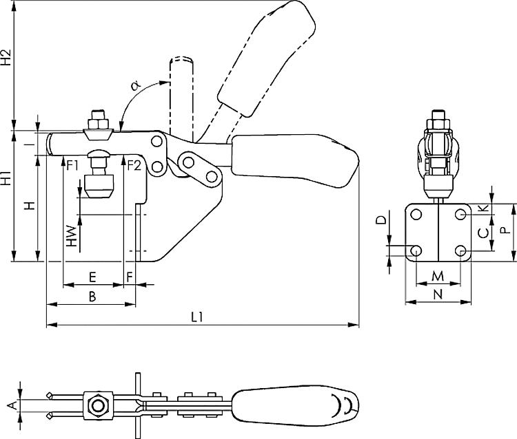 AMF 6833-1 Waagrechtspanner mit rotem Handgriff, Größe : 1, F1: 0,8 kN, F2: 1,1 kN - LE 6833 Waagrechtspanner -Skizze