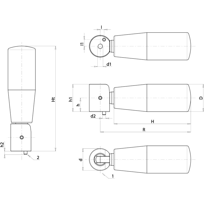 Leschhorn M20470.TM0501CIN Drehbarer Umleggriffe, H= 70mm, d1= M5, Umlegmechanik Edelstahl, arretiert in Bedienstellung - LE M204CIN Drehbarer Umleggriffe - Umlegmechanik Edelstahl-EcoLine-Massblatt