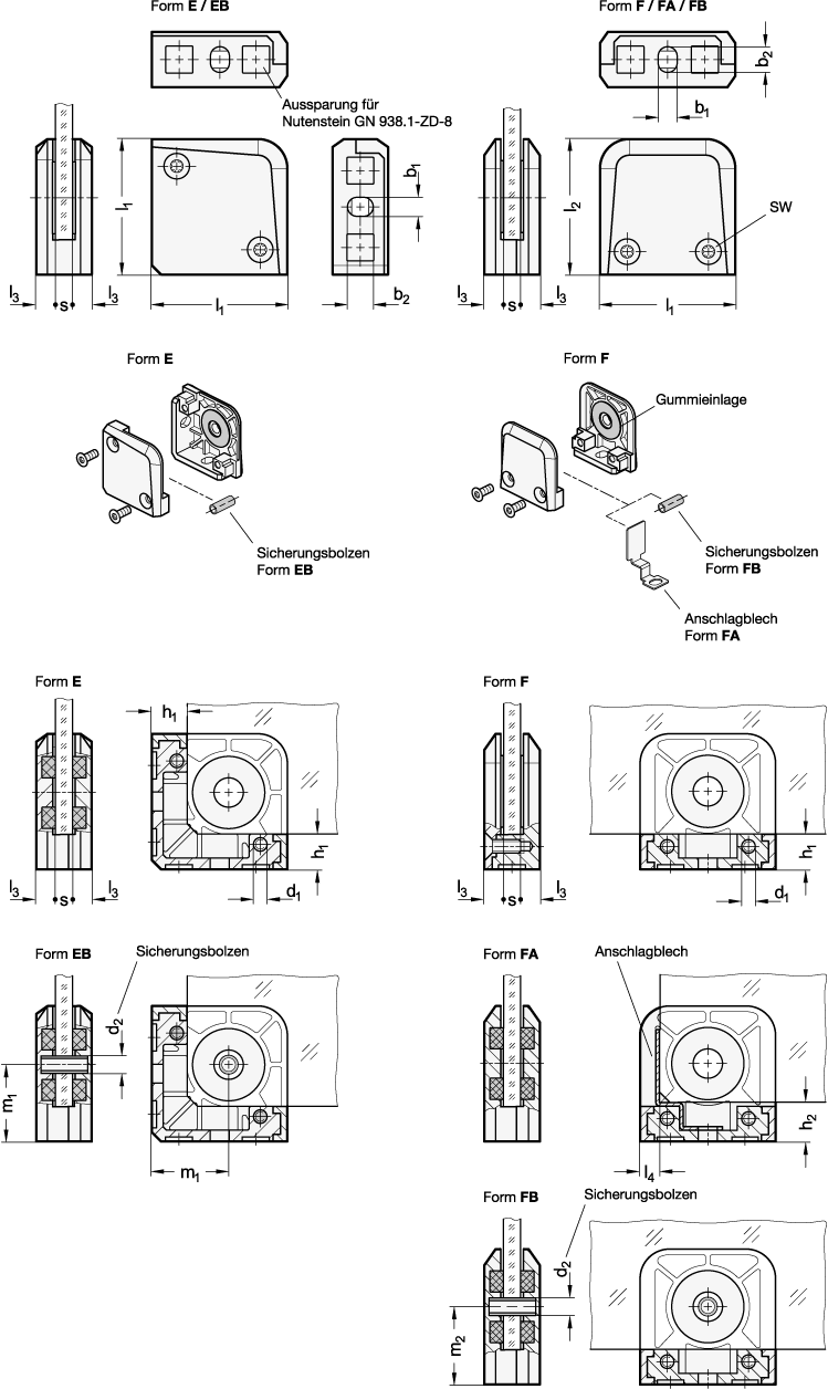 Ganter 939-ZD-60-10-E-SW  Halter für Flächenelemente, Zink-Druckguss, für Glas- und Kunststoffscheiben, l1: 60, s: 10, Form: E - Eckhalter - GN 939 Halter fuer Flaechenelemente - Zink-Druckguss - fuer Glas- und Kunststoffscheiben - Massblatt