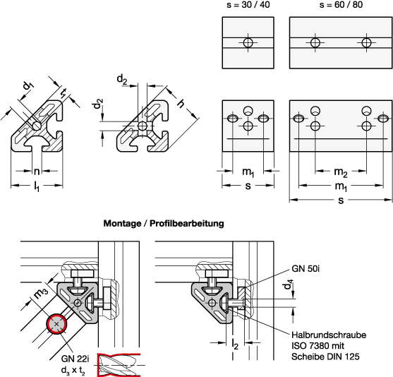 Ganter 32I-30306S-1-A-N  Winkelverbinder, Aluminium, für Aluprofile (i-Baukasten), Eckmontage, Profilbreite s: 30, Länge l1: 30, Nutbreite n: 6 - GN 32i Winkelverbinder - Aluminium - fuer Aluprofile - i-Baukasten - Eckmontage - Massblatt