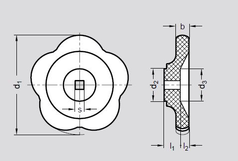 Leschhorn 03408.080XS06 Handräder DIN 388 für Armaturen d1= 80, Vierkant (s) 6mm C - Ohne Metallhülse Material: Grundkörper Kunststoff, Duroplast (PF 31) - DIN 388 Technische Zeichnung