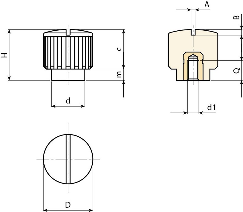 Leschhorn H773 Rändelmuttern  D 17,5; d 12; Gewinde d1 M4; Kunststoff PA, schwarz, - LE H773 Raendelmuttern - Buchse Messing -EcoLine-Massblatt
