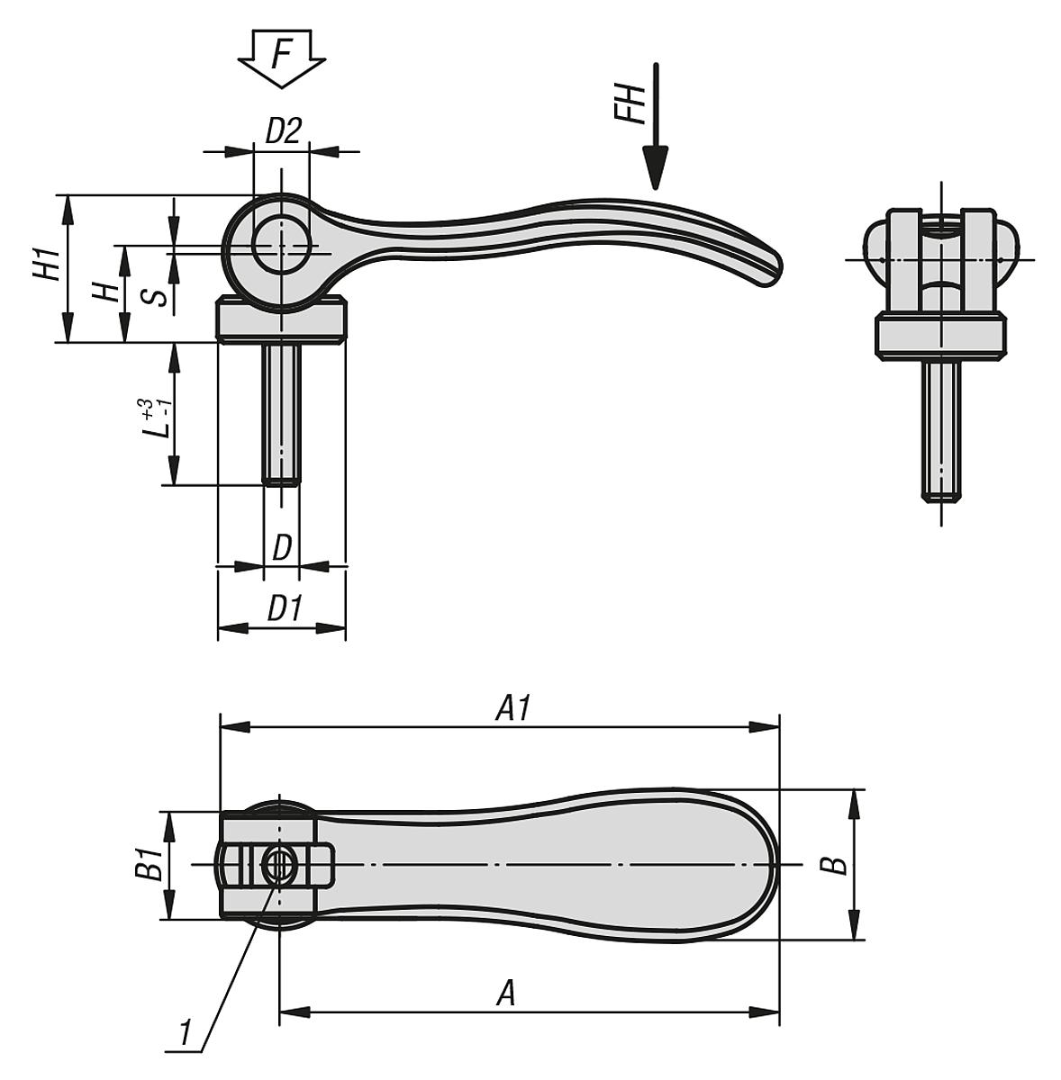 Norelem 04233-2541310X40 EXZENTERHEBEL EINSTELLBAR - NLM 04233-NI Exzenterhebel einstellbar Edelstahl mit Aussengewinde - Druckscheibe - Massblatt