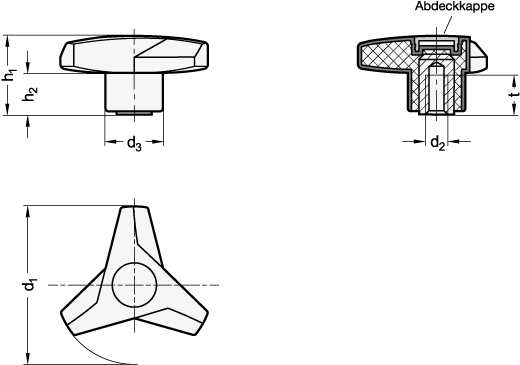 Ganter 533.6-100-M12-MS-DRT  Dreisterngriffe, Kunststoff, Gewindebuchse Messing / Edelstahl, Softline, Griffdurchmesser d1: 100, Gewinde d2 (Buchse MS): M 12, Werkstoff Buchse: MS - Messing - GN 533-6 Dreisterngriffe-Kunststoff-Gewindebuchse Messing-Edelstahl-Softline-Massblatt