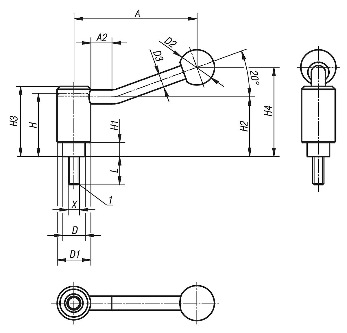 Kipp K0112.1212X30 SICHERHEITSSPANNHEBEL GR.2,  20?, M12X30 - K0112 Sicherheitsspannhebel mit Aussengewinde - Massblatt