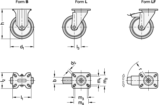 Ganter 22886-100-K-B-L-ST  Transportrollen, Laufbelag Polyurethan, Radkörper Aluminium, leichte Ausführung, Raddurchmesser d1: 100, Lagerart: K - Kugellager, Form (Gehäuse): B - Bockrolle - GN 22886 Transportrollen-Laufbelag Polyurethan-Radkoerper Aluminium-leichte Ausfuehrung-Massblatt