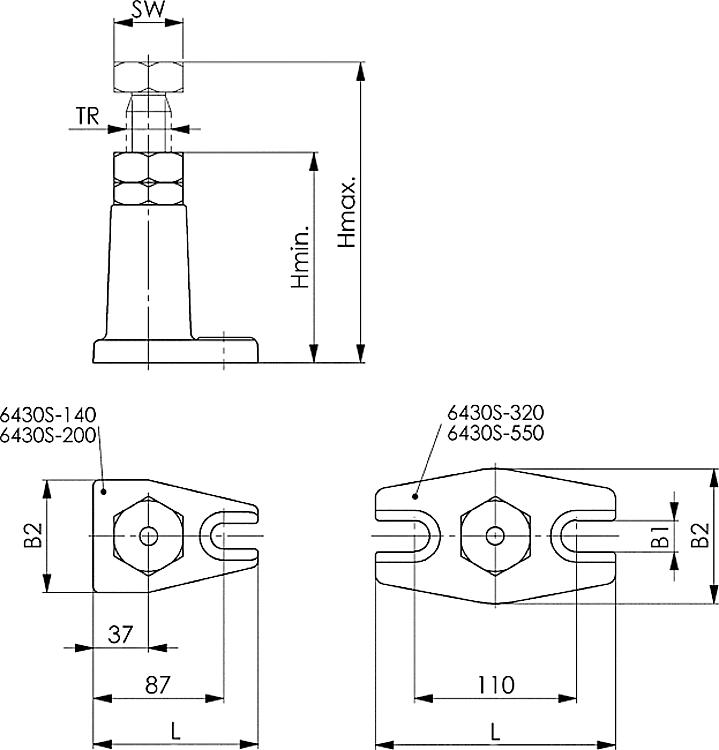 AMF 6430S-140 Atlas-Schraubbock mit Gegenmutter, Größe : 140, H min.: 100, H max.: 140, F max.: 60 kN - LE 6430S Atlas-Schraubbock mit Gegenmutter -Skizze