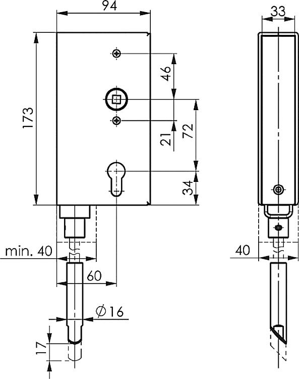 AMF 140V-40ZW Schlosskasten für Verriegelung nach unten, blank, Kastenbreite: 40 mm, Schließung: PZW - LE 140V Schlosskasten fuer Verriegelung nachunten - blank-Skizze