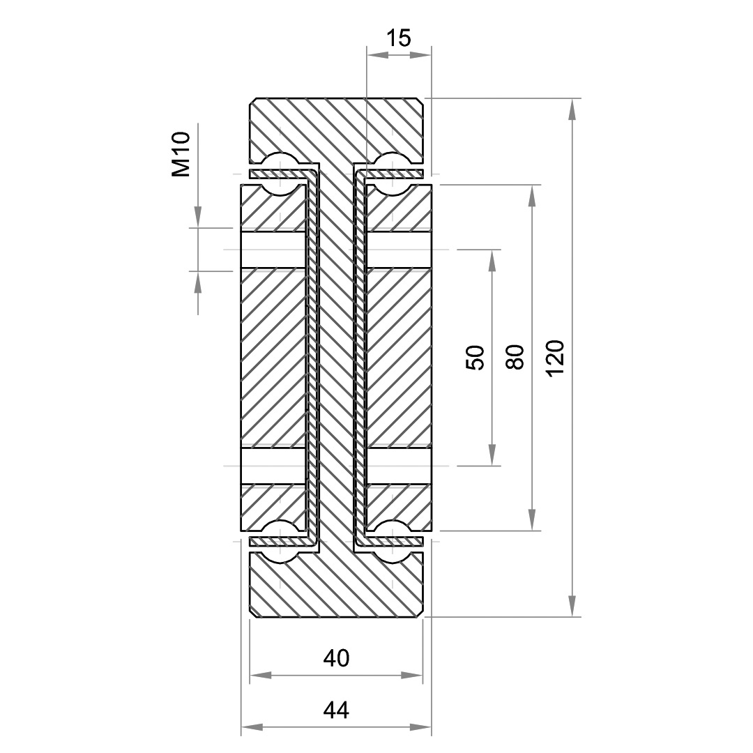 Leschhorn HPTV 12044-100-ST Hochpräzise Schwerlast Teleskopschienen Vollauszug, Profil 120x44, A=1000, Gewinde=M10, Lastwert 1730 kg, Stahl C45E+C (1.1191) verzinkt - LE HP12044 Profilquerschnitt