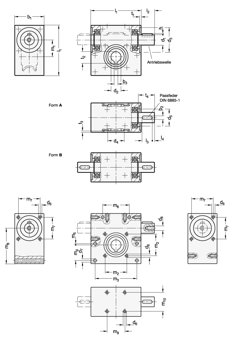 Ganter 3975-20-A-12-13-AN  Schneckengetriebe, Gehäuse Aluminium, m1: 20, Durchmesser d1: 12, Übersetzung i: 13 - GN 3975 Schneckengetriebe - Gehaeuse Aluminium - Massblatt