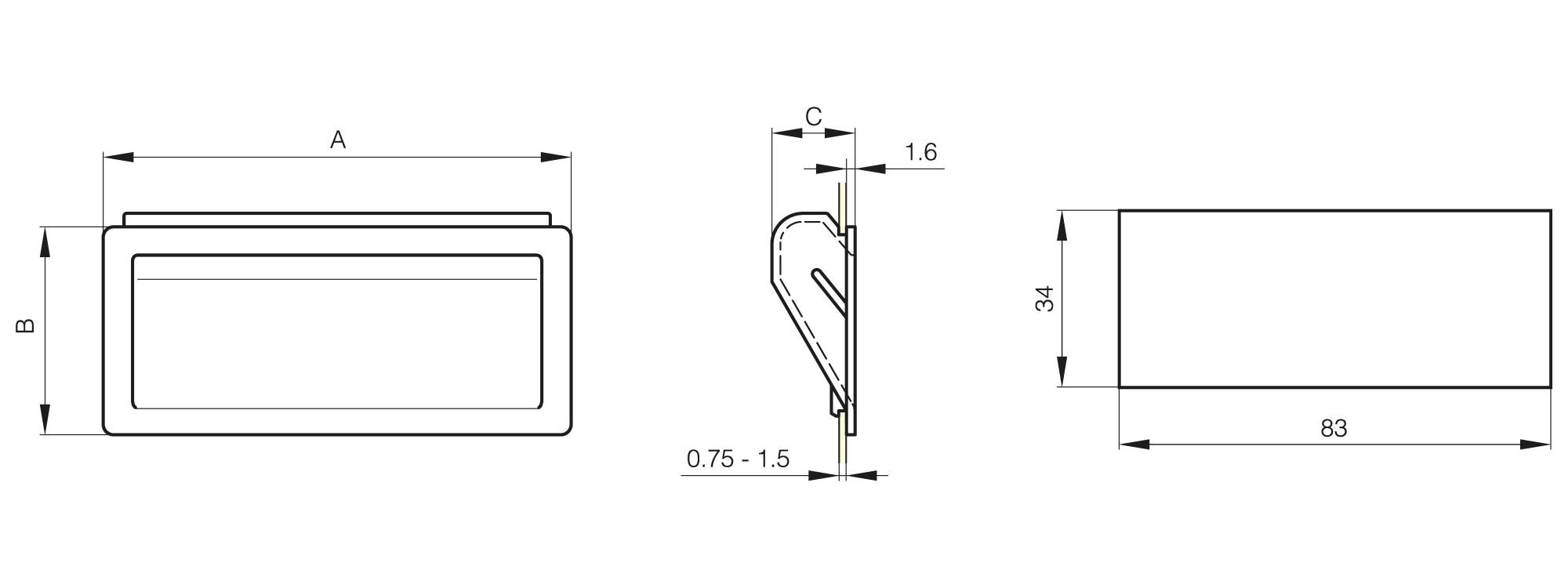 Leschhorn 19-1-3687 Versenkbarer Griff zum festklemmmen 90x40mm, schwarz - LE 19-1 Versenkbarer Griff zum festklemmmen 90x40mm-schwarz-Skizze