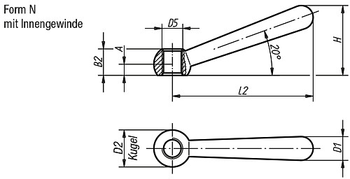 Norelem 06330-220 KEGELGRIFF DIN 99, FORM N, D5=M20, L2=152 - Norelem 06330-N Kegelgriffe DIN 99 - Form N