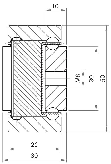 Leschhorn HPTVD 5030-1250-GG-ST Hochpräzise Schwerlast-Teleskopschienen, T-Profil 50x30, Vollauszug, Zweiwege, mit Durchlaufsperre, A= 1250, GG: Gewinde M8/Gewinde M8, Lastwert 280kg, Stahl verzinkt - LE HPD5030 Profilquerschnitt
