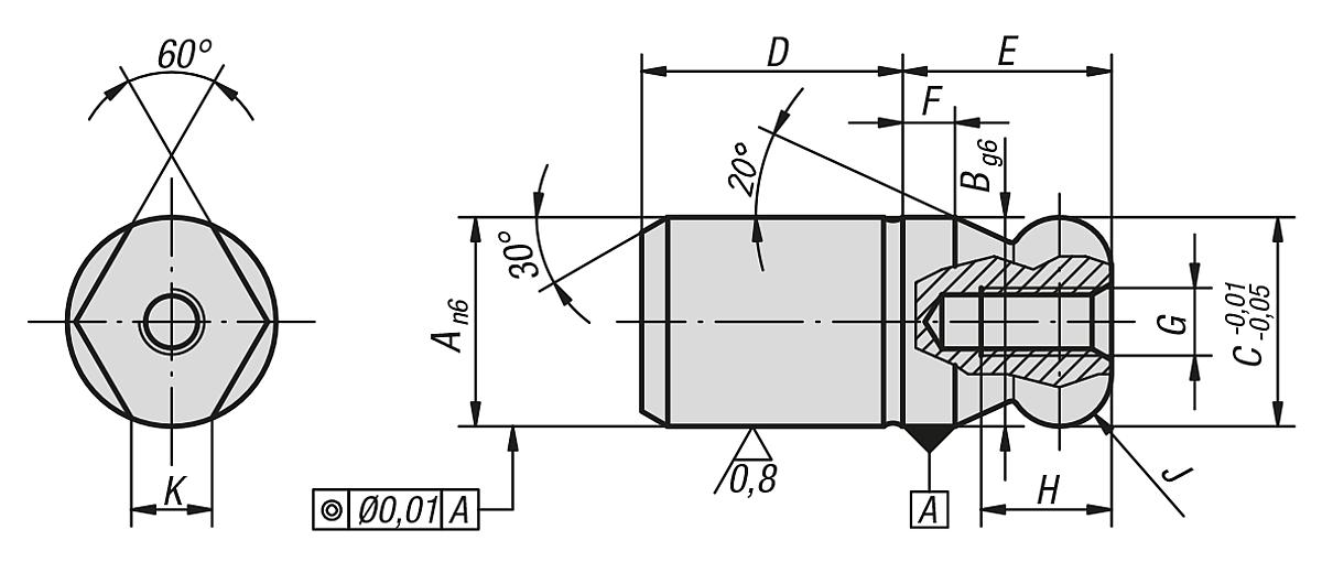 Kipp K0350.082 AUFNAHMEBOLZEN A=8  FORM C, MIT KUGELANSATZ ABGEFLACHT - K0350 Aufnahmebolzen mit Kugelansatz abgeflacht Form C - Massblatt
