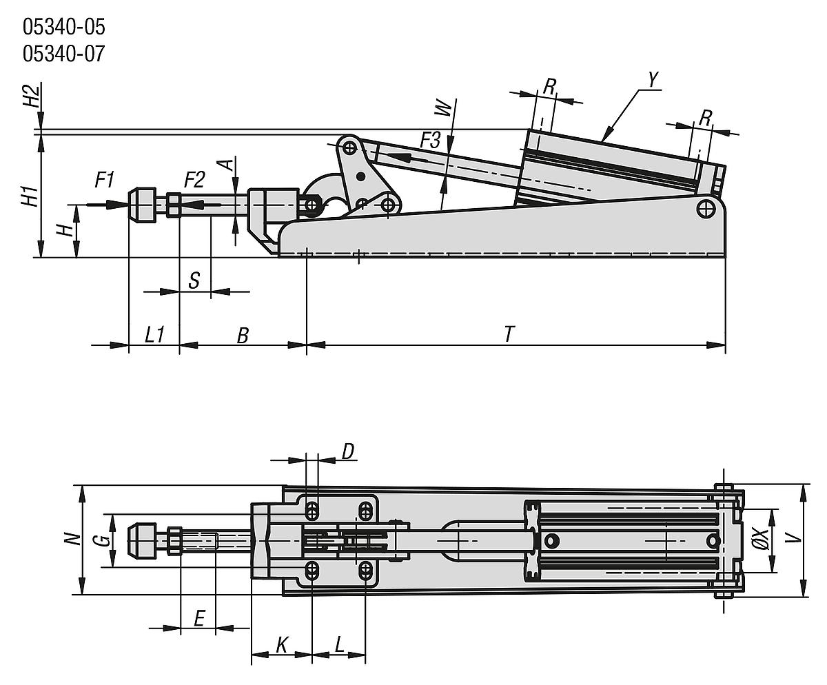 Norelem 05340-05 SCHUBSTANGEN PNEUMATIKSPANNER, - NLM 05340 Schubstangen Pneumatikspanner - Massblatt