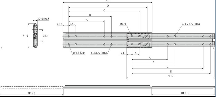 Accuride DZ6026-0035 Teleskopschienen 75% Teilauszug, Auszug in beide Richtungen, 12,5x71,5, SL 350, TR 246,6, 85kg - Accuride 6026 Teleskopschienen - Teilauszug - Technische Zeichnung