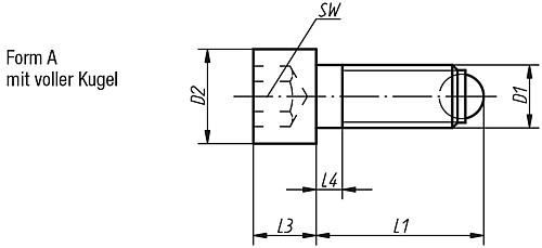 Kipp K0380.10620 KUGELDRUCKSCHRAUBE FORM A, MIT KOPF, D1=M6, L1=20,8 - KIPP K0380-A Kugeldruckschrauben mit Kopf Form A