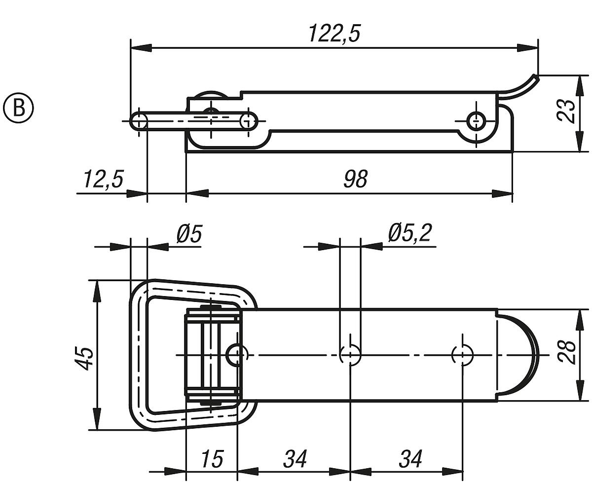Norelem 05536-2521221 SPANNVERSCHLUSS MIT SPANNBÜGEL, FORM B, STAHL - NLM 05536-SVB Spannverschluesse mit Spannbuegel Form B - Massblatt