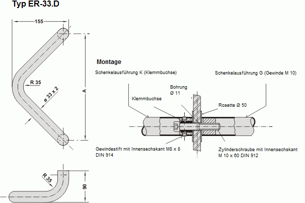 Leschhorn ER-33-A350-DO   Edelstahl Bügelgriffe  A 350,  Doppelgriff - Zeichnung ER-33-D Edelstahl Buegelgriff
