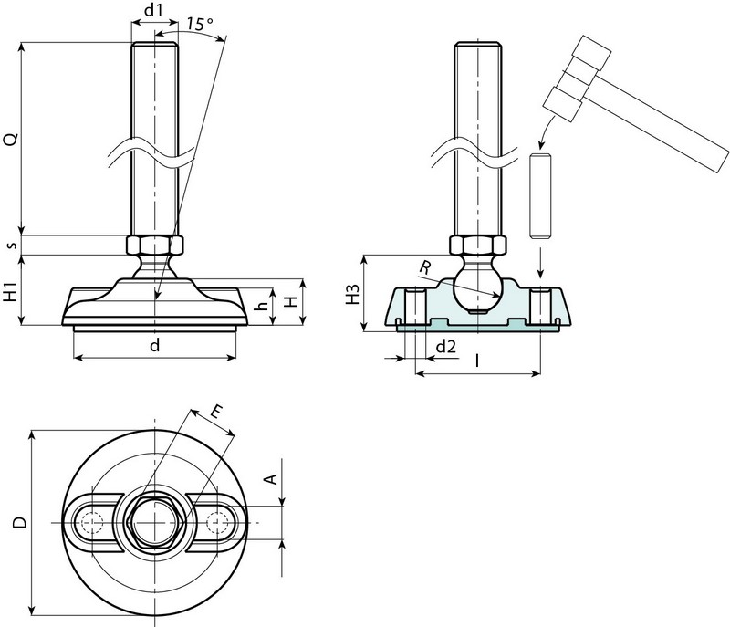 Leschhorn P903 Gelenkfüße  D 80; R 15; Gewinde d1 M16; Kunststoff PA, schwarz, Schafttyp A - Boteco P903 Gelenkfuesse