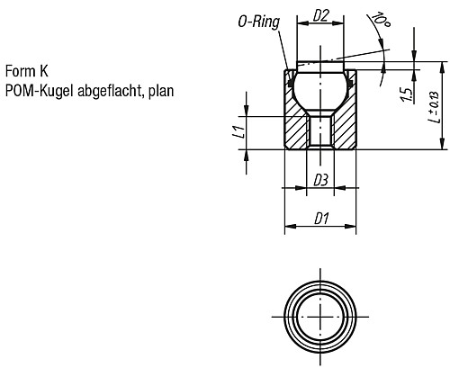 Kipp K0284.704X012 PENDELAUFLAGE FORM K MIT O RING, D3=M4, L=12 - KIPP K0284-K Pendelauflagen mit O Ring - Form K