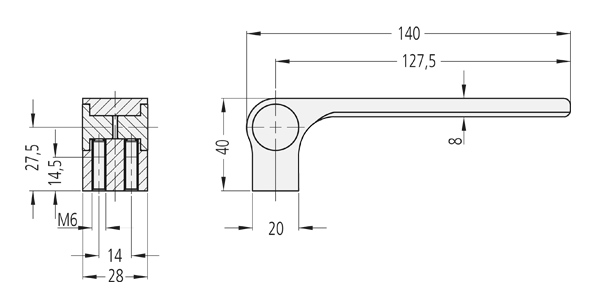 Leschhorn HG-28-A160-N04 Universal-Gerätegriffe aus Aluminium, Griffsteg Eloxal schwarz, Schenkel naturfarben - LE HG-28 Universal-Geraetegriffe aus Aluminium - Technische Zeichnung Typ B