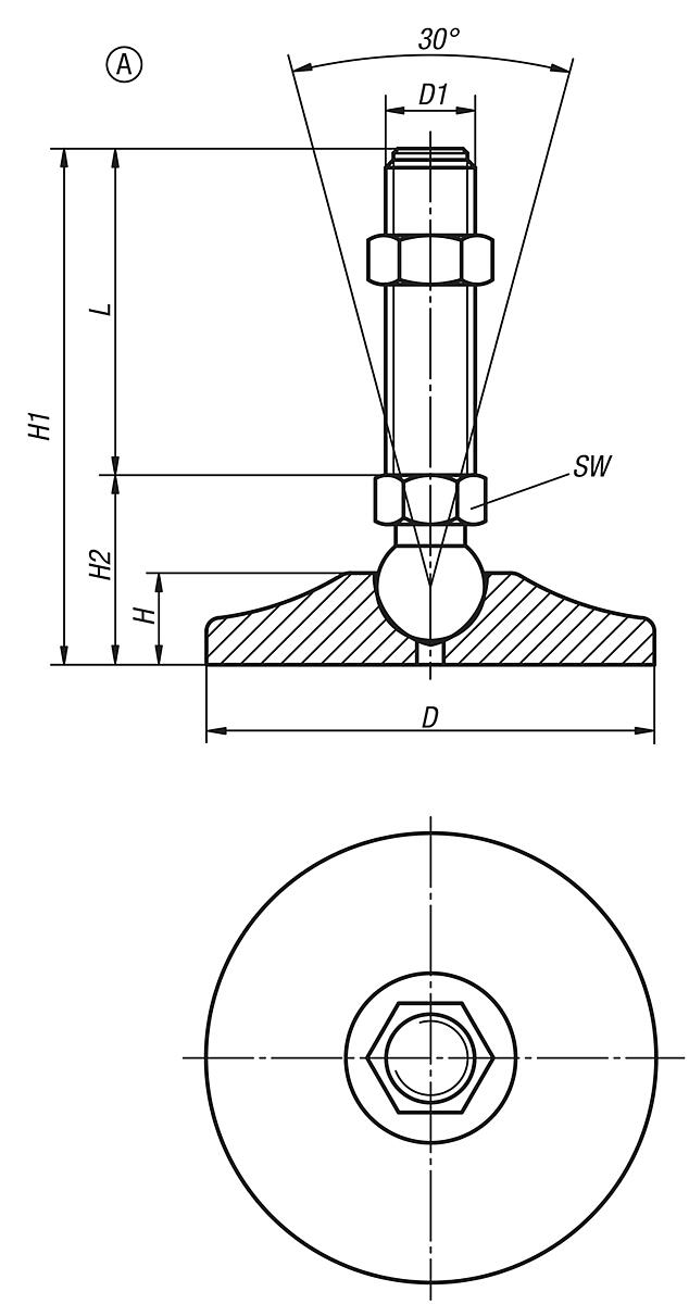 Kipp K0742.006514X125 GELENKFUß STAHL FORM A D=65, M14X125 - K0742-A Gelenkfuesse - Massblatt
