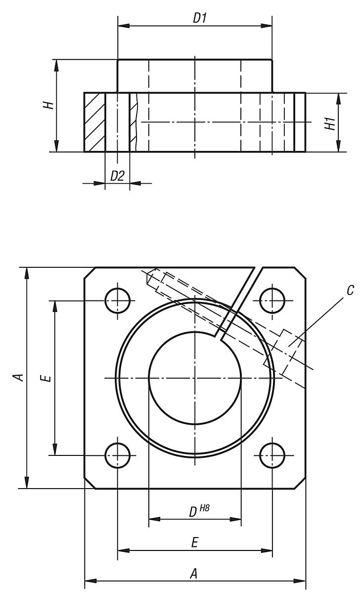 Norelem 21585-20 FLANSCHWELLENBOCK D=20, - NLM 21585 Flanschwellenboecke - Massblatt