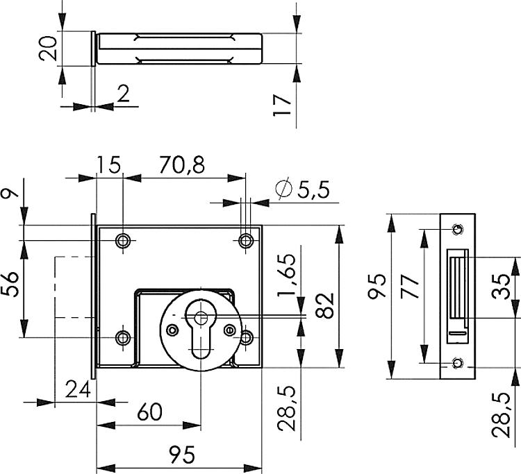AMF 49B FL BL Riegelschloss mit flachem Schließblech, Kastenbreite: 95 mm, Schließung: B, Dorn: 60 mm - LE 49 FL BL Riegelschloss mitflachemSchliessblech-Skizze