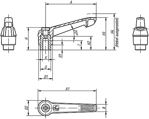 Norelem 06600-1041 KLEMMHEBEL GR.1  M4, GRIFFHEBEL SCHWARZGRAU - Norelem 06600 Klemmhebel mit Innengewinde und Kunststoffgriff