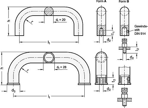 Ganter 426.5-28-400-B EDELSTAHL BÜGELGRIFF M. BEFESTIGUNGSBOLZEN - GN 426-5 Edelstahl Buegelgriffe-Skizze