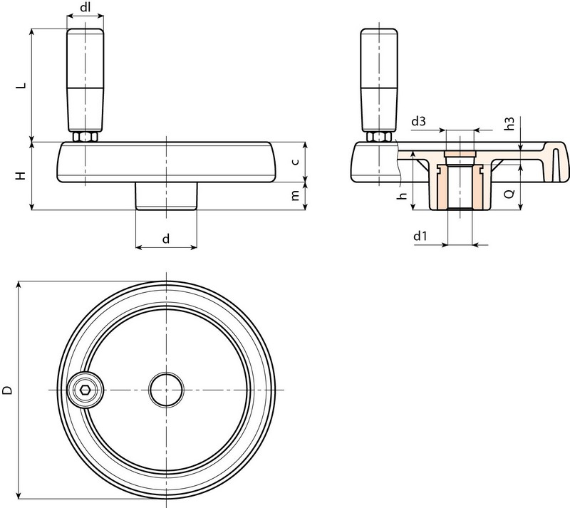 Leschhorn C197 Scheibenhandräder mit drehbarem Griff  D 202; Bohrung 20H7; d 44; schwarz - Boteco C197 Scheibenhandraeder mit drehbarem Griff