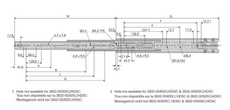 Accuride DW3832-0030SC Teleskopschienen mit Selbsteinzug 14N - 27N pro Schiene (SC- Self-Close), 100% Vollauszug, 12,7x45,7, SL 300,TR 286, 48kg, weiß verzinkt - Accuride DW3832SC Teleskopschienen mit Selbsteinzug - weiss - Vollauszug - 12 7x45 7 - bis 45kg - Skizze