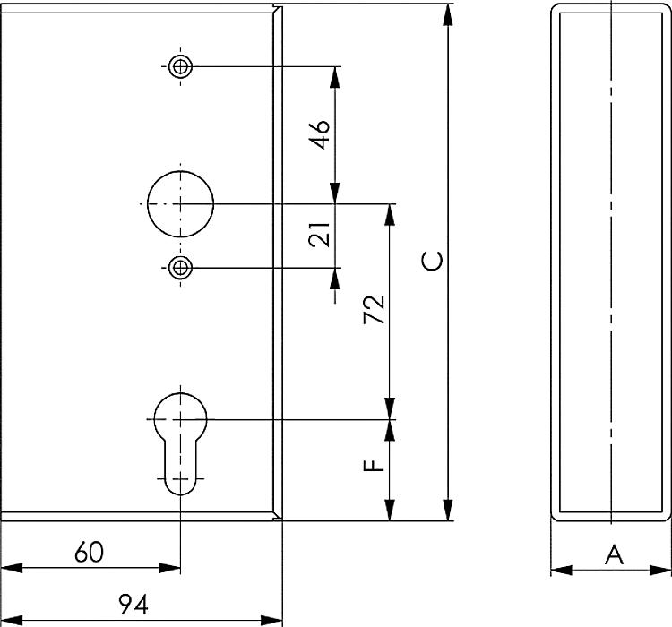 AMF 140KNIG-30Z Schlosskasten, leer, V2A, geschliffen, Kastenbreite A: 30,0 mm, C: 172 mm, F: 33,5 mm - LE 140KNIG Schlosskasten - leer - V2A - geschliffen-Skizze