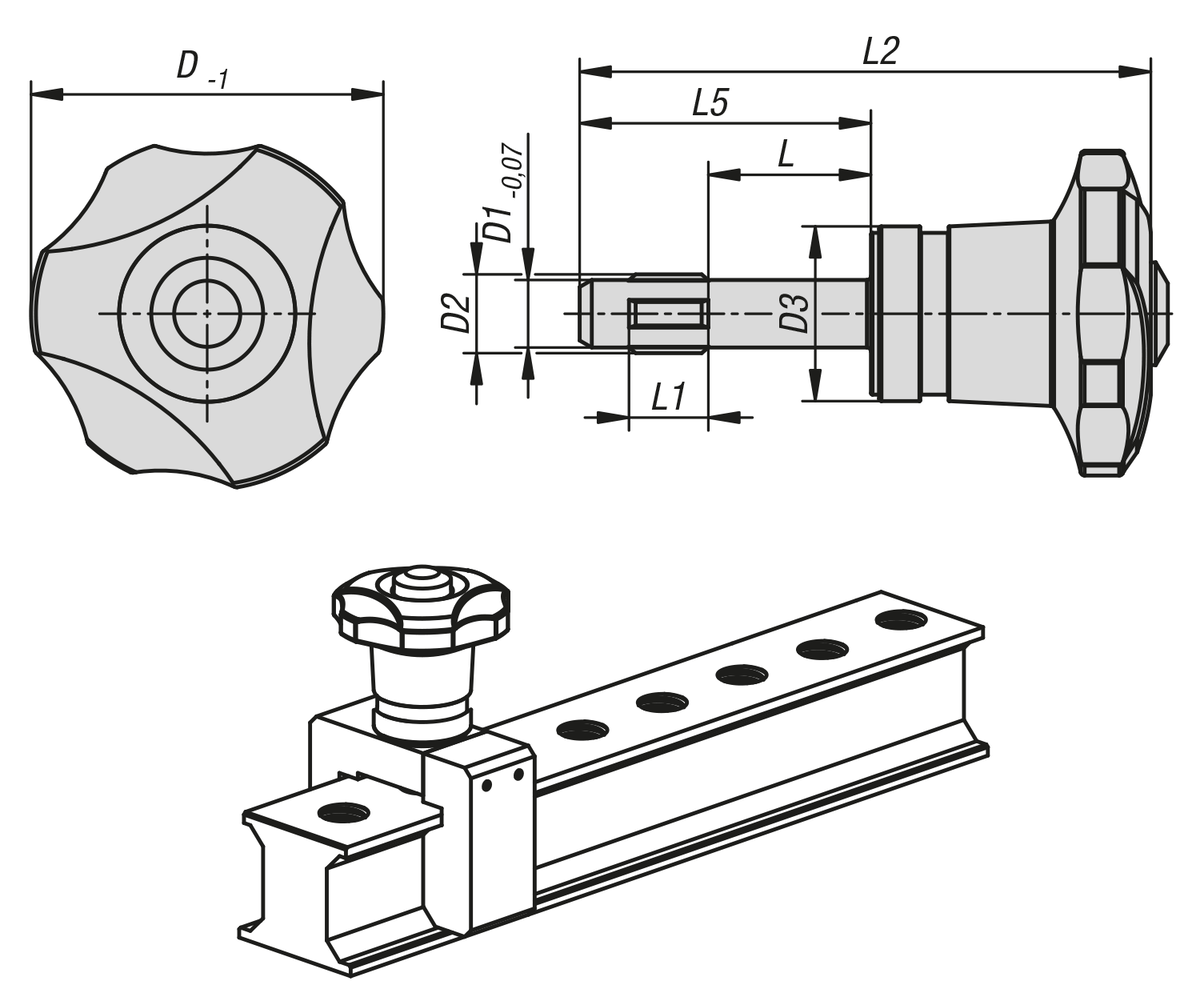 Norelem 03430-01030 GEWINDESPERRBOLZEN MIT STERNGRIFF, D=40 M10X30, STAHL, KOMP:THERMOPLAST SCHWARZ - NLM 03430 Gewindesperrbolzen Stahl oder Edelstahl-Massblatt