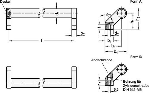 Ganter 333-28-600-A-SW GENEIGTER ROHRGRIFF, SCHWARZ KU BESCH. - GN 333 Rohrgriffe - Aluminium - Zink Druckguss-Skizze