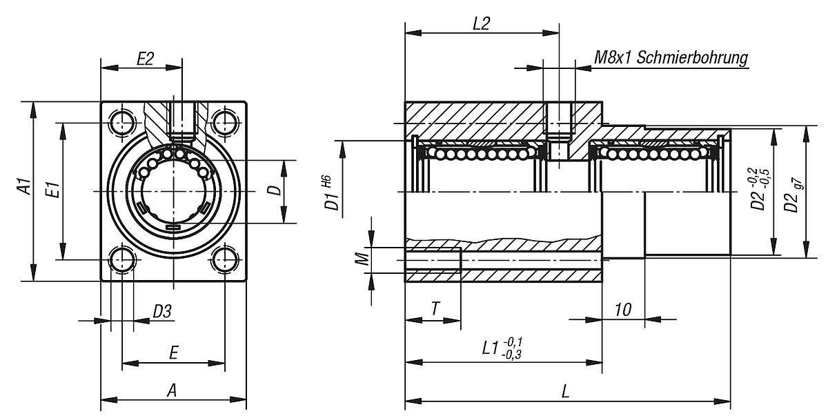Norelem 21524-301002 LINEARGEHÄUSEEINHEIT D=30, MIT FLANSCH UND KUGELLAGER 21510 - NLM 21524 Lineargehaeuseeinheiten  mit Flansch - Tandem - Massblatt