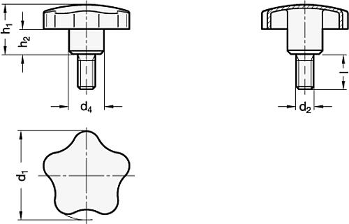 Ganter 5334.4-60-M12-20 Edelstahl Sterngriffschrauben, Werkstoff Nr. 1.4404 (A4) - GN 5334-4 Edelstahl Sterngriffschrauben - Werkstoff A4 -Skizze