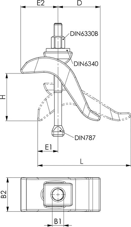 AMF 6321-17x12 Spannpratze, stufenlos verstellbar, komplett, mit Spannschraube: M12x12x125, B2 x L: 50x140, D: 60, H: 0-50 - LE 6321 Spannpratze - stufenlos - verstellbar - komplett-Skizze
