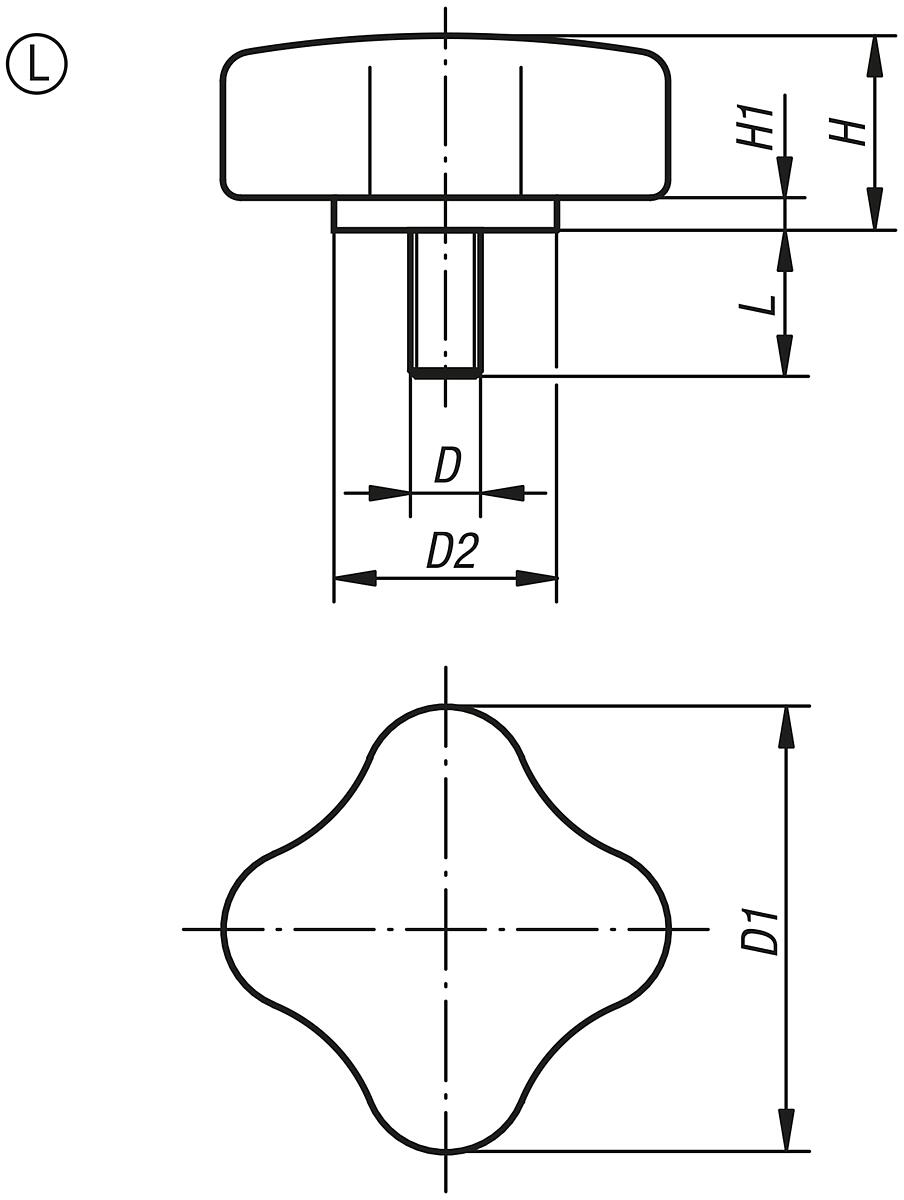 Kipp K0278.4410X40 ST VIERSTERNGRIFF FLACH, D3=44,5, M10X40 - K0278-AG Viersterngriffe flach mit Aussengewinde - Massblatt