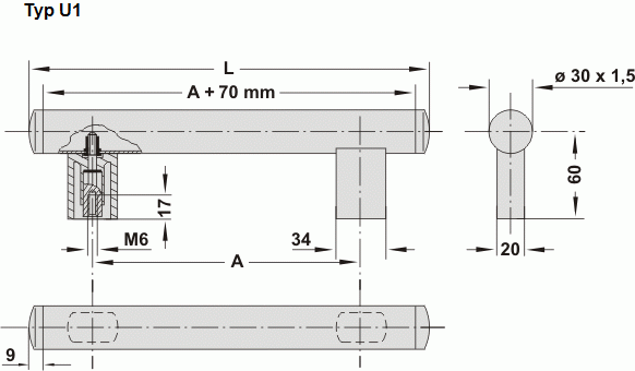 Leschhorn U1-30.400.01   Rohrgriffserie A 400,   Schenkel schwarz / Rohr natur Griff aus Einzelelementen, komplett montiert - Leschhorn U1 Rohrgriffserie