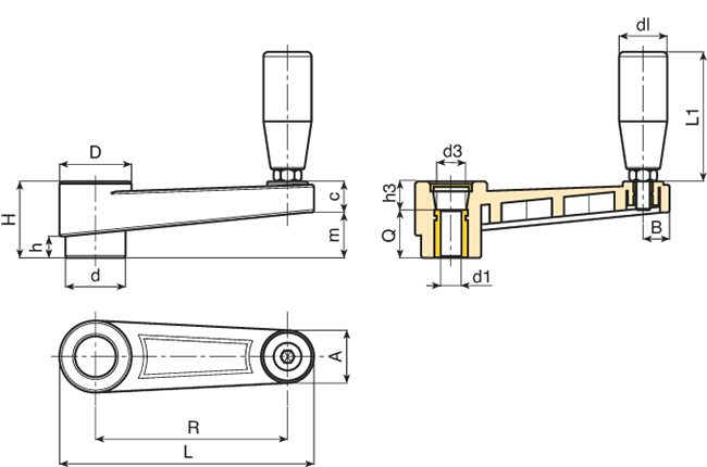 Leschhorn E222 Handkurbeln  L 173; R 140; Bohrung d1 D14; Kunststoff PA, schwarz, Gewindebuchse Messing - Leschhorn E222 Handkurbeln - TZ