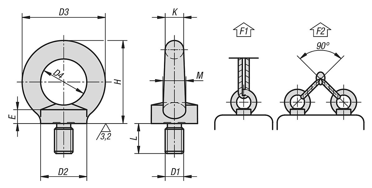 Kipp K0767.12 RINGSCHRAUBE DIN 580 AUSG. `72, D1=M12, STAHL, BLANK - K0767 Ringschrauben aehnlich DIN 580 - Massblatt