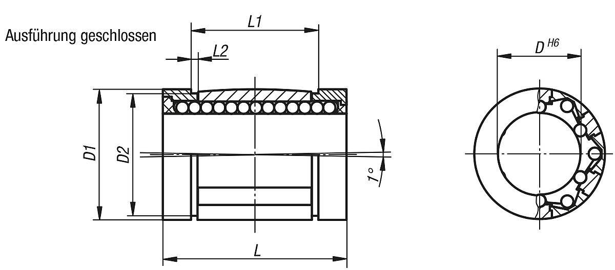 Norelem 21510-3002 LINEARKUGELLAGER GESCHLOSSEN D=30, MIT WINKELFEHLERAUSGLEICH - NLM 21510-AG Linearkugellager mit Winkelfehlerausgleich - geschlossen - Massblatt