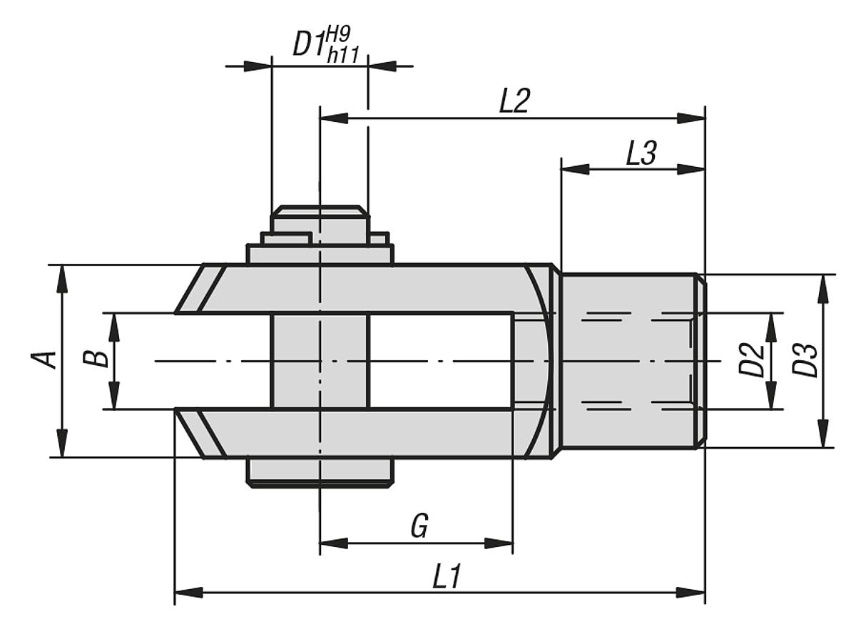 Kipp Gabelgelenk DIN 71751 Stahl mit Splintbolzen, verzinkt, Rechtsgewinde M12x1,25, Größe 12x24-05 - DIN 71751 Gabelgelenke mit Splintbolzen - Massblatt