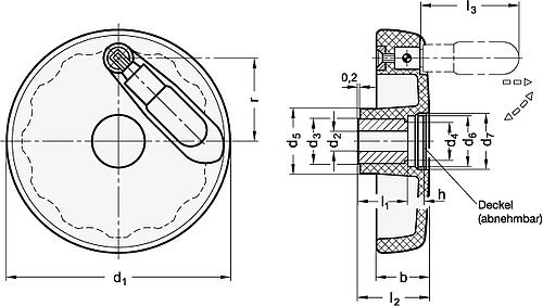 Ganter 521.6-100-B10-R Umleggriff Handräder, Kunststoff, Buchse / Umlegmechanik Edelstahl - GN 521-6 Umleggriff Handraeder - Kunststoff - Buchse - Umlegmechanik Edelstahl-Skizze